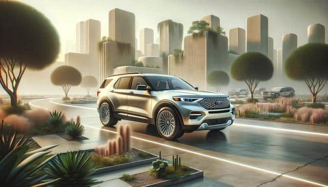 A futuristic SUV drives on a sleek road with modern, greenery-filled skyscrapers in the background.