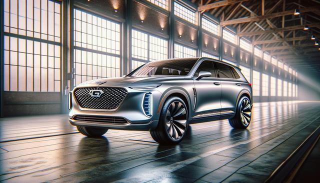 Futuristic silver SUV in a modern warehouse with large windows.