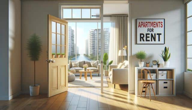 Open door to bright living room with plants, sofa, and "Apartments for Rent" sign on the wall.