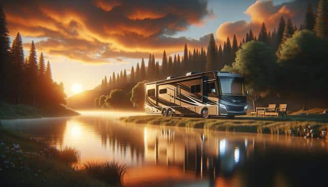 A camper van beside a serene river at sunset with trees and mountains in the background.