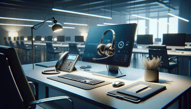 A modern office desk with a computer, headset, phone, keyboard, lamp, notepad, and potted plant.