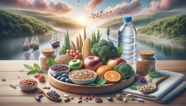A variety of fruits, vegetables, grains, and a water bottle on a wooden table, with a river and sailing boats in the background.