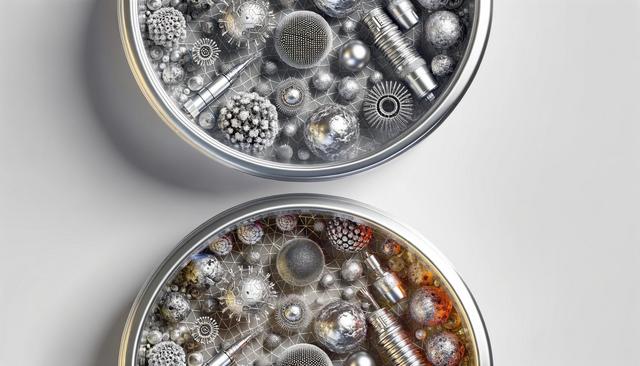 Two petri dishes with metallic spheres and intricate patterns, one mostly silver, the other with orange hues.