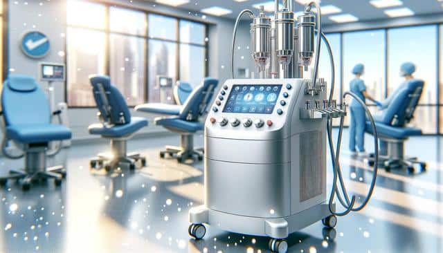 Medical device in a modern clinic with chairs and staff in background.