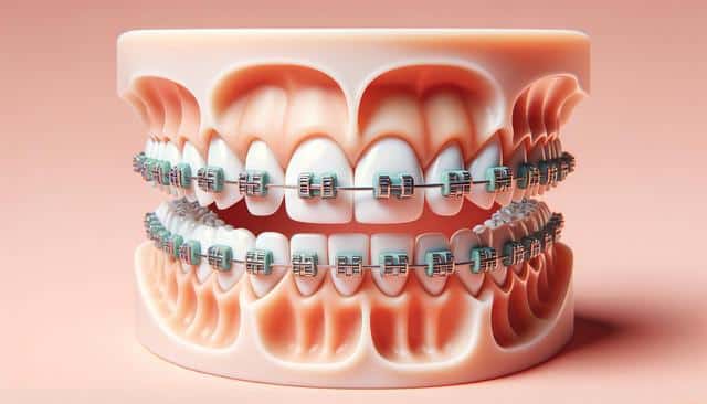Dental model with braces on both upper and lower teeth.