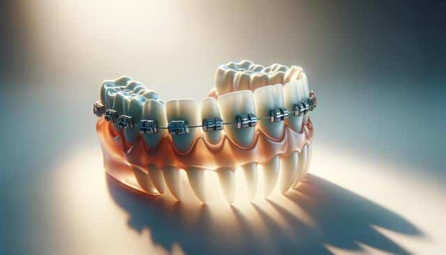 Teeth with braces, illuminated and casting shadows.