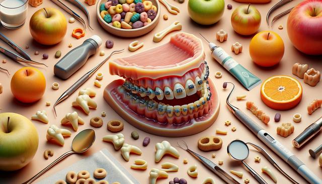 Dentures with braces surrounded by fruit, cereal, dental tools, and teeth models on a beige background.