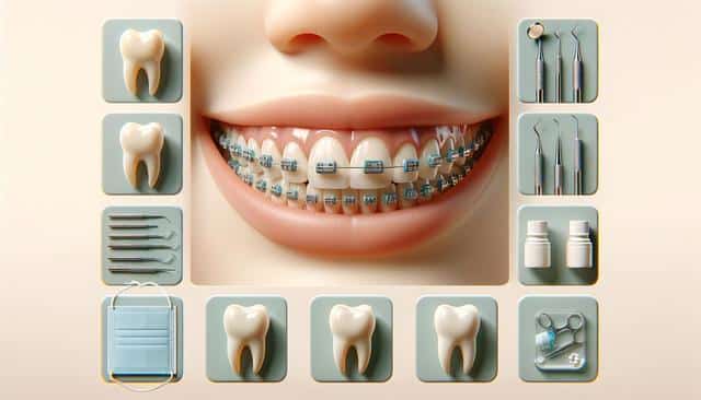 Close-up of a smiling mouth with braces, surrounded by dental tools, teeth, mask, and bottles.