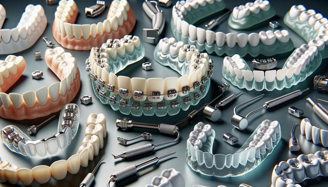 Dental models with braces and aligners, surrounded by various orthodontic tools.