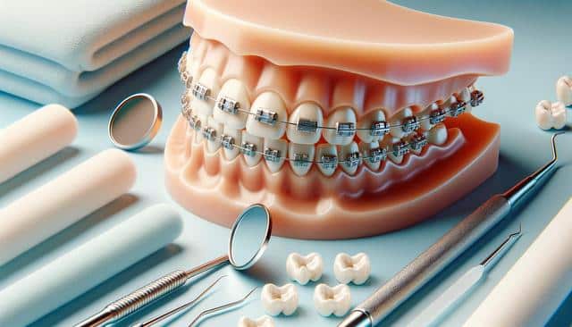 Dental model with braces, surrounded by dental tools and artificial teeth.