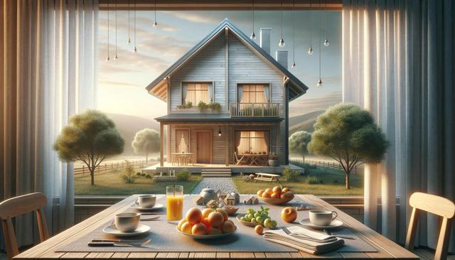 A cozy wooden house viewed through a large window from a table set with breakfast items and fruit.