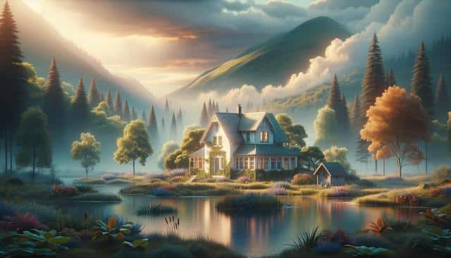 A cozy house sits by a serene lake surrounded by lush trees and mountains under a misty sky.