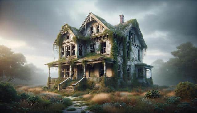 An abandoned, overgrown Victorian house with broken windows and ivy covered walls, surrounded by wild grass under a cloudy sky.