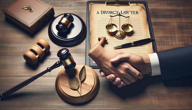 Two hands shaking over a legal document labeled "A Divorce Lawyer" on a wooden table with gavels, a book, scales, and a pen.