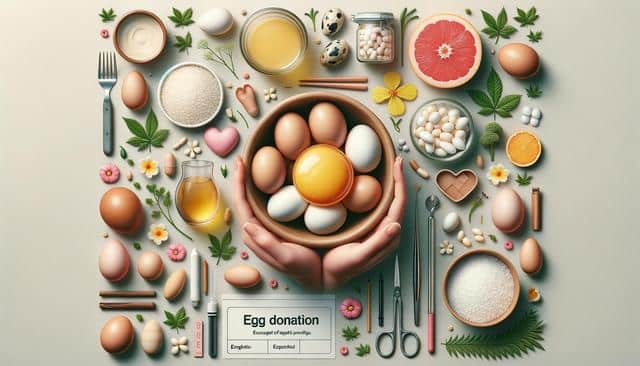 A variety of eggs and natural items arranged artistically with the text "Egg donation" displayed.