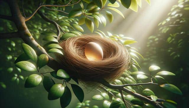 Egg in a nest on a tree branch surrounded by sunlight and green leaves.