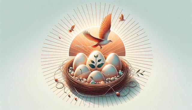 Bird flying over a nest of eggs with a sprout, against a radiant sunburst background.