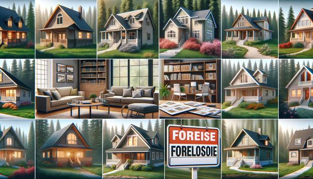 Collage of cozy homes with porches and warm lighting, nestled in forested settings, alongside images of interiors and a foreclosure sign.