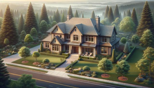 Large, elegant house with manicured lawns and tall trees surrounding it in a forested area.
