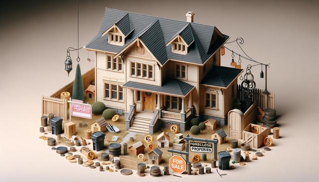 A miniature house with a "for sale" and "foreclosure properties" sign, surrounded by stacks of coins and dollar signs.