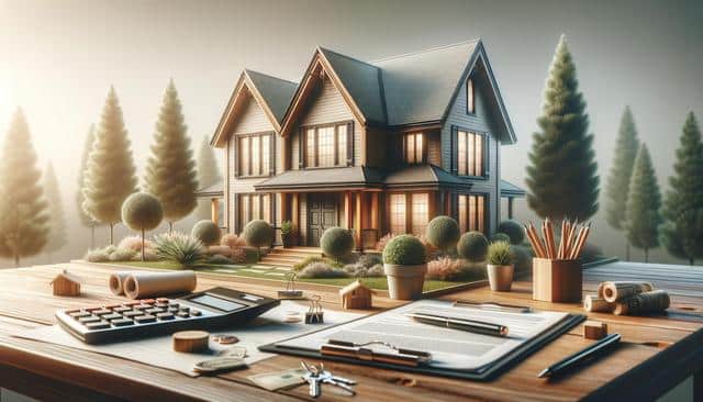 Large house with extravagant landscaping, seen from a desk with office supplies.