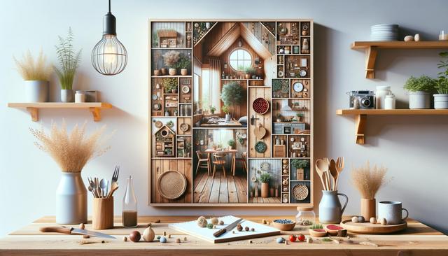 A wooden kitchen table with decor items, plants, and utensils is organized artistically.