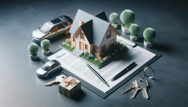 A miniature house and cars on a contract surrounded by pens, keys, gift box, and small potted plants.