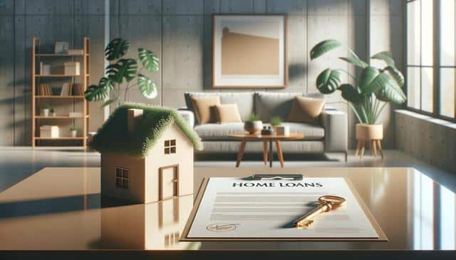 Toy house and "Home Loans" document with a key on a table in a modern living room.