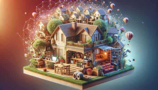 Miniature 3D model of a detailed house and garden, surrounded by tiny houses and hot air balloons against a vibrant backdrop.