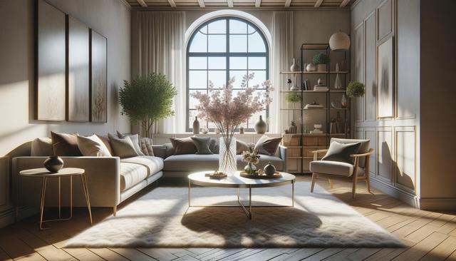 Cozy living room with large window, neutral-toned furniture, a round coffee table, and plants.
