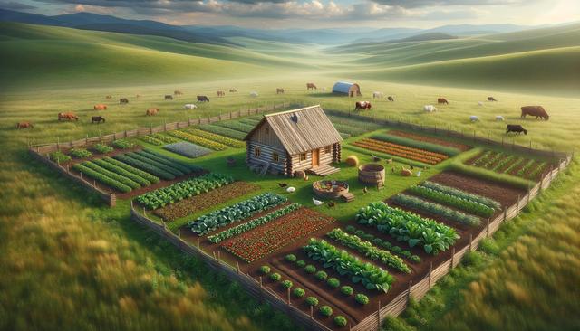 A small wooden farmhouse with a vegetable garden and grazing animals in a vast green landscape.