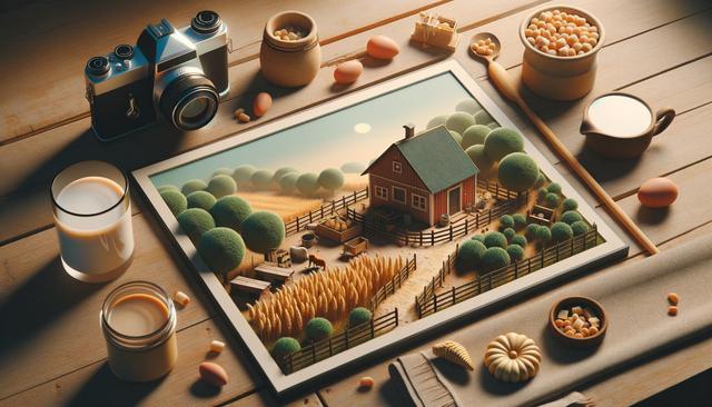 A vintage camera, eggs, and a milk jug surround a farm diorama on a wooden table.