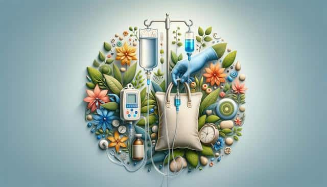 Intricate medical-themed collage with IV bags, florals, and a clock against a soft blue background.
