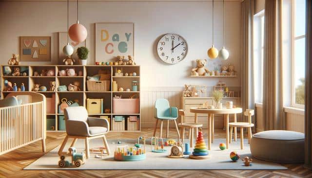 A bright daycare room with toys, chairs, a play mat, and colorful storage shelves full of stuffed animals and books.