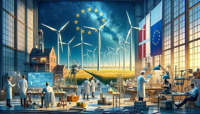 Scientists working in a lab with wind turbines and a starry sky backdrop. European and Danish flags are displayed.