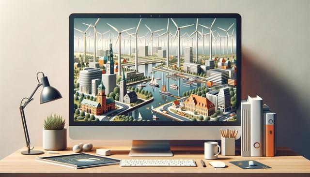 A computer screen displays a stylized cityscape with wind turbines and waterways, surrounded by desk items like a lamp, plant, and books.