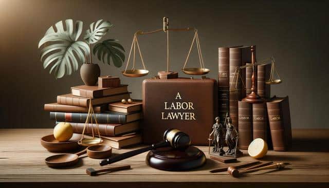 A desk with law books, scales, a gavel, and a briefcase labeled "A Labor Lawyer."