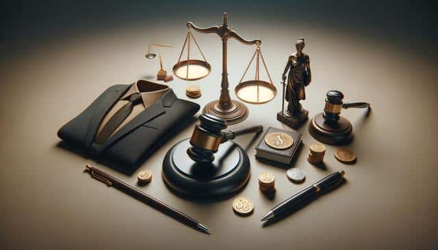 Legal-themed objects: scales, gavels, coins, a quill, a pen, a book, a judge's robe, and a justice statue on a table.