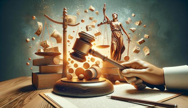 A gavel hits books, releasing coins and bills, with Lady Justice and scales in the background.