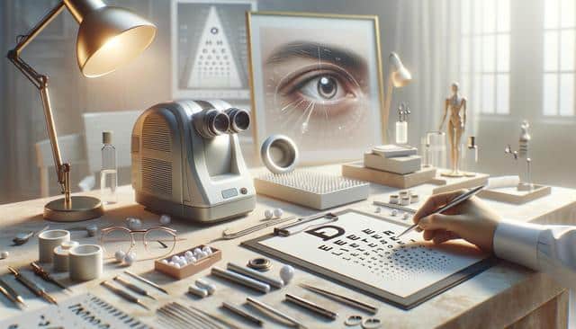 A cluttered optometry desk with an eye chart, eye examination equipment, glasses, and a hand holding a pen.