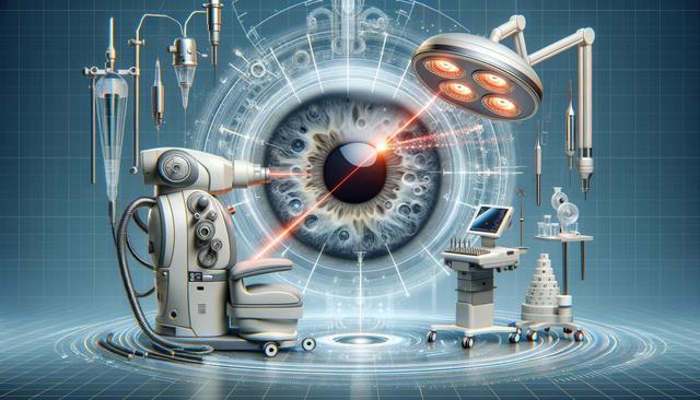 Futuristic medical scene with a large eye, laser equipment, and surgical tools.
