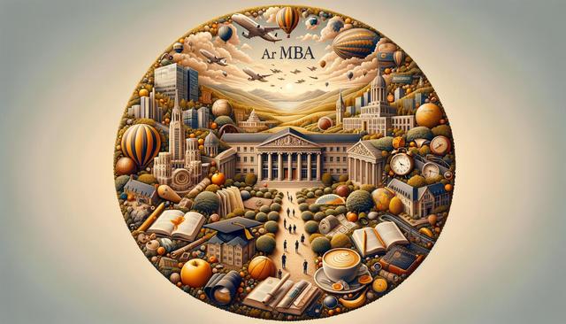 Whimsical illustration of a bustling academic cityscape with buildings, hot air balloons, books, and people.