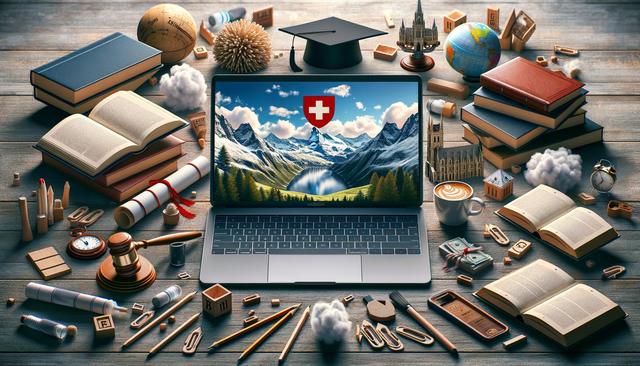 A laptop with a Swiss landscape on the screen is surrounded by books, a globe, a graduation cap, coffee, and educational items on a wooden table.