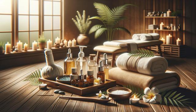 Cozy spa scene with candles, oils, towels, and plants on a wooden floor.
