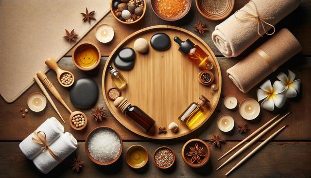 Flatlay of spa items: essential oils, candles, towels, massage stones, and flowers on a wooden surface.