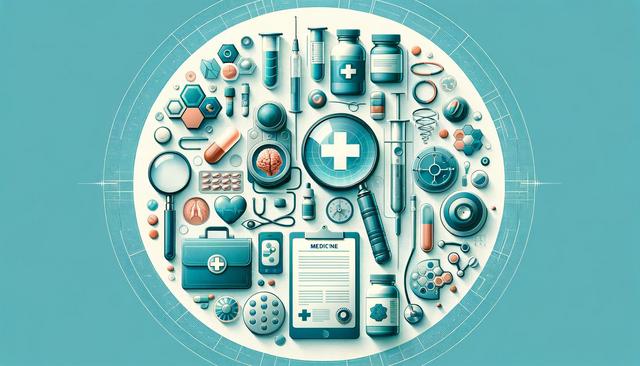 Medical-themed illustration showing various health tools and symbols in a circular arrangement.