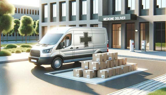 A delivery van with a medical cross symbol is parked outside a building labeled "Medicine Deliver"; nearby are stacks of cardboard boxes.