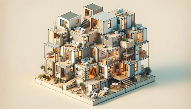Isometric view of modern, stacked modular homes with open interiors and small patios.