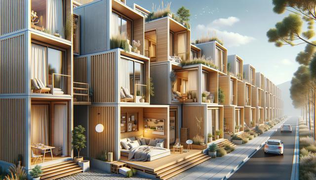 Modern modular apartment building with large windows, balconies, and rooftop gardens facing a tree-lined street.