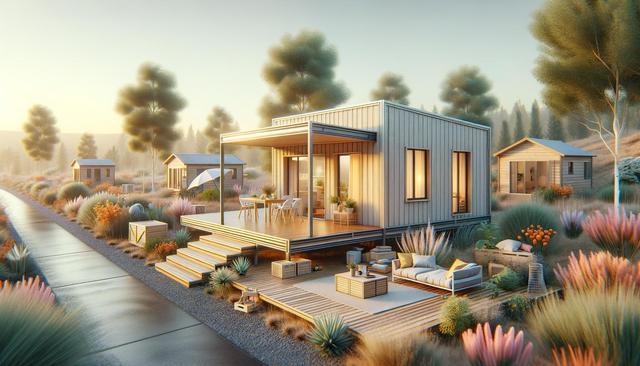 Modern tiny house in a scenic, sunlit landscape with lush plants and outdoor seating.